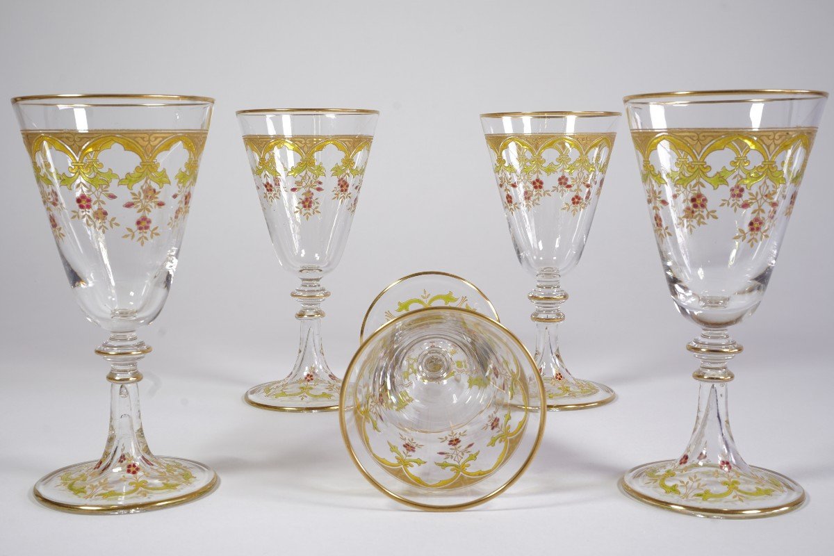 5 Engraved And Enamelled Crystal Glasses Baccarat Close To Beaune Model-photo-3