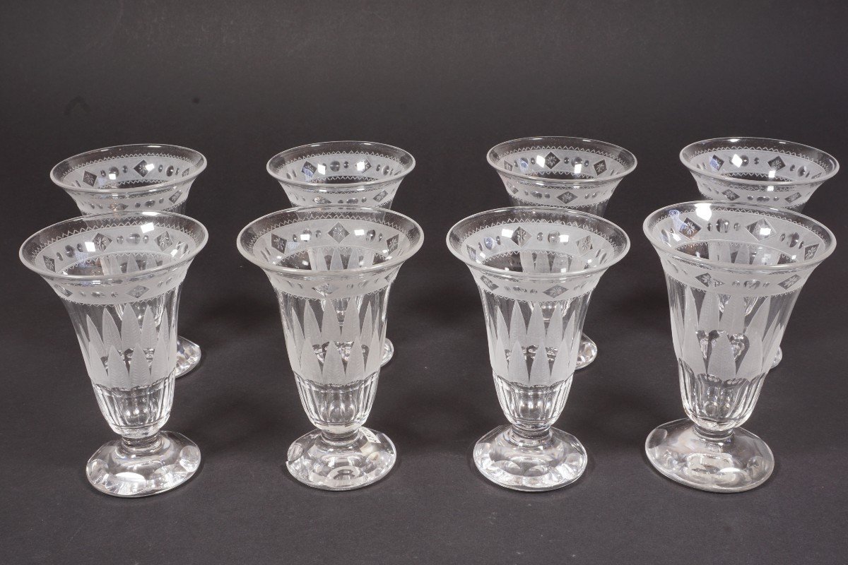 8 Antique Engraved And Cut Crystal Glasses 19th Century-photo-3