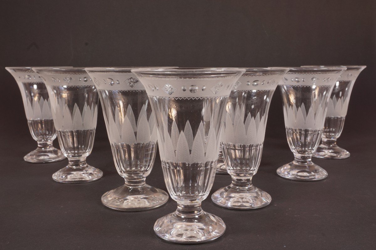 8 Antique Engraved And Cut Crystal Glasses 19th Century-photo-4