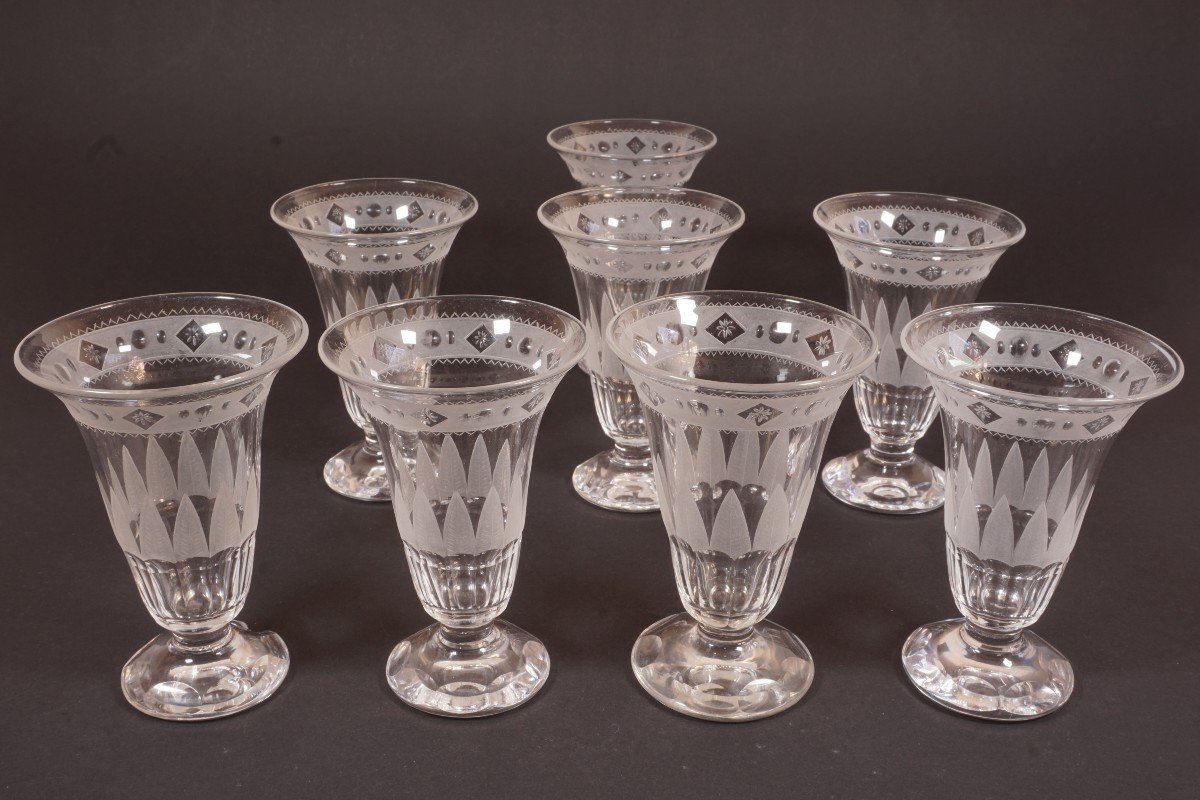 8 Antique Engraved And Cut Crystal Glasses 19th Century-photo-1