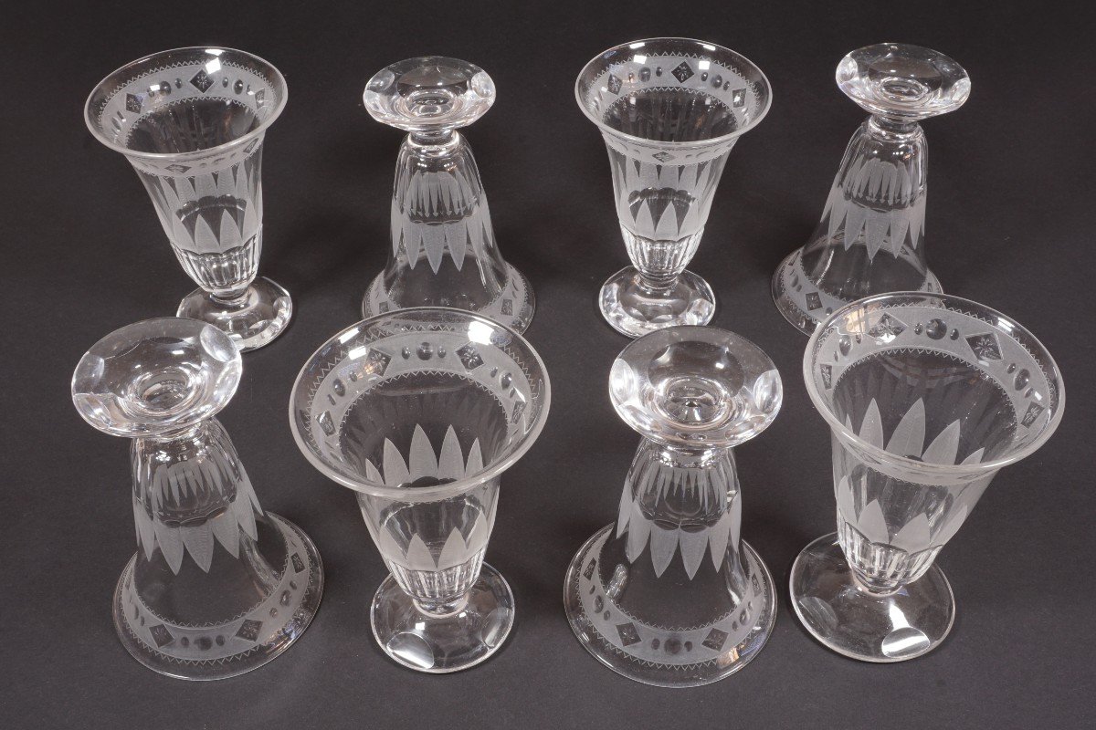 8 Antique Engraved And Cut Crystal Glasses 19th Century-photo-2