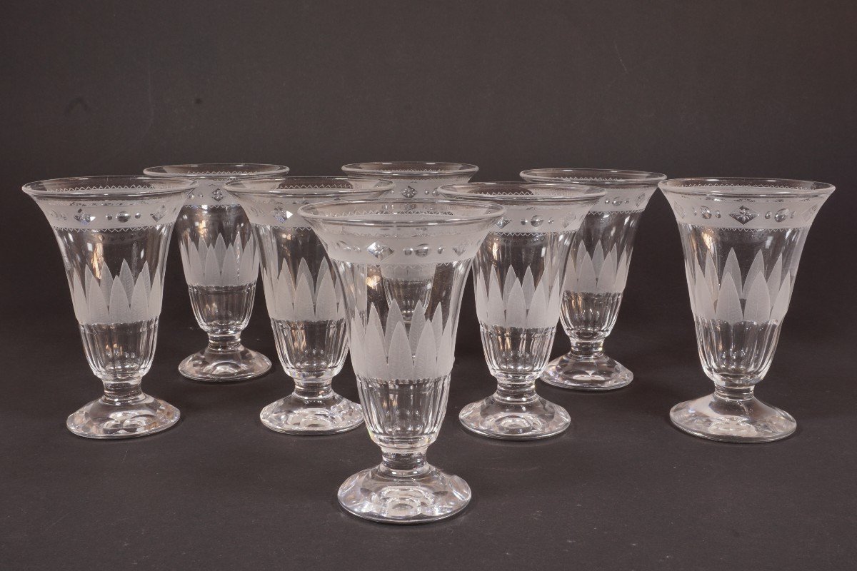 8 Antique Engraved And Cut Crystal Glasses 19th Century-photo-4