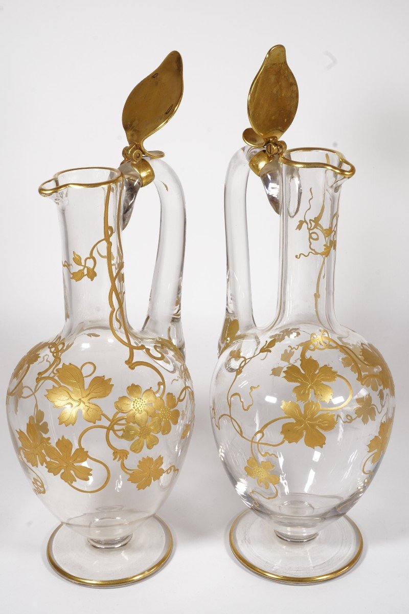 Pair Of Ewers, Pitchers, Carafes With Handles Baccarat Crystal Golden XIX-photo-4