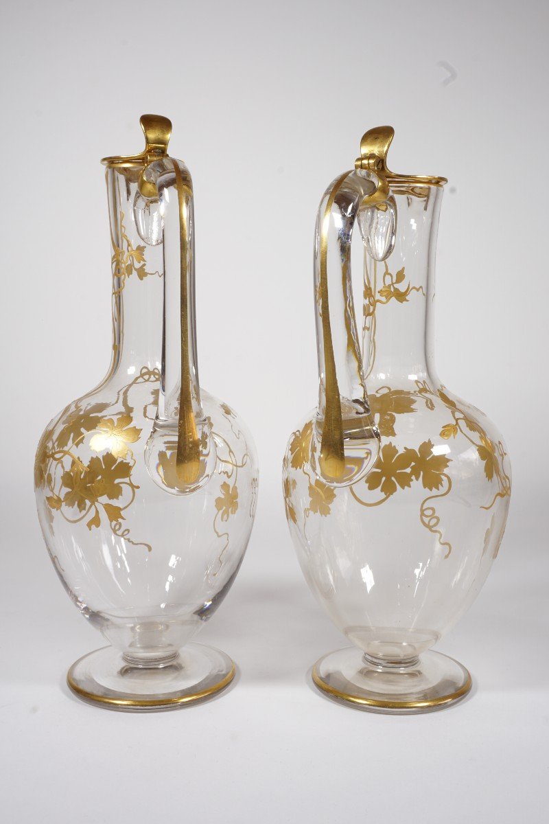 Pair Of Ewers, Pitchers, Carafes With Handles Baccarat Crystal Golden XIX-photo-2