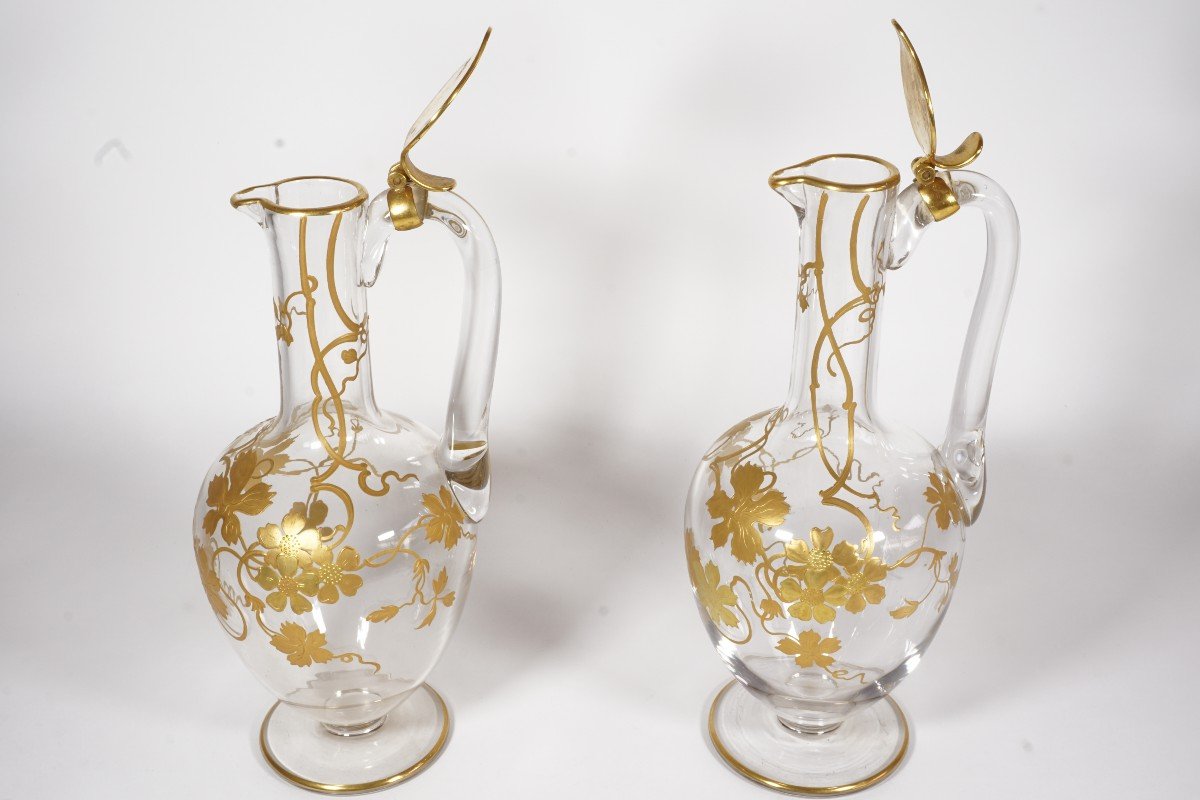 Pair Of Ewers, Pitchers, Carafes With Handles Baccarat Crystal Golden XIX-photo-7