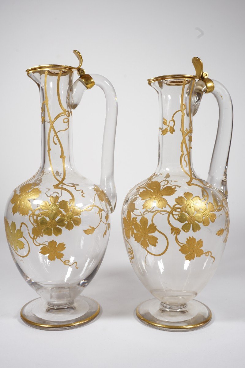 Pair Of Ewers, Pitchers, Carafes With Handles Baccarat Crystal Golden XIX-photo-8