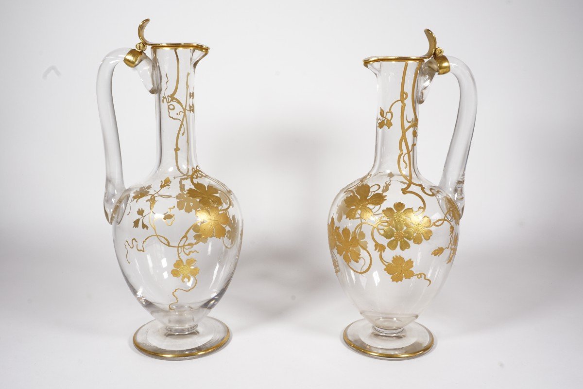 Pair Of Ewers, Pitchers, Carafes With Handles Baccarat Crystal Golden XIX