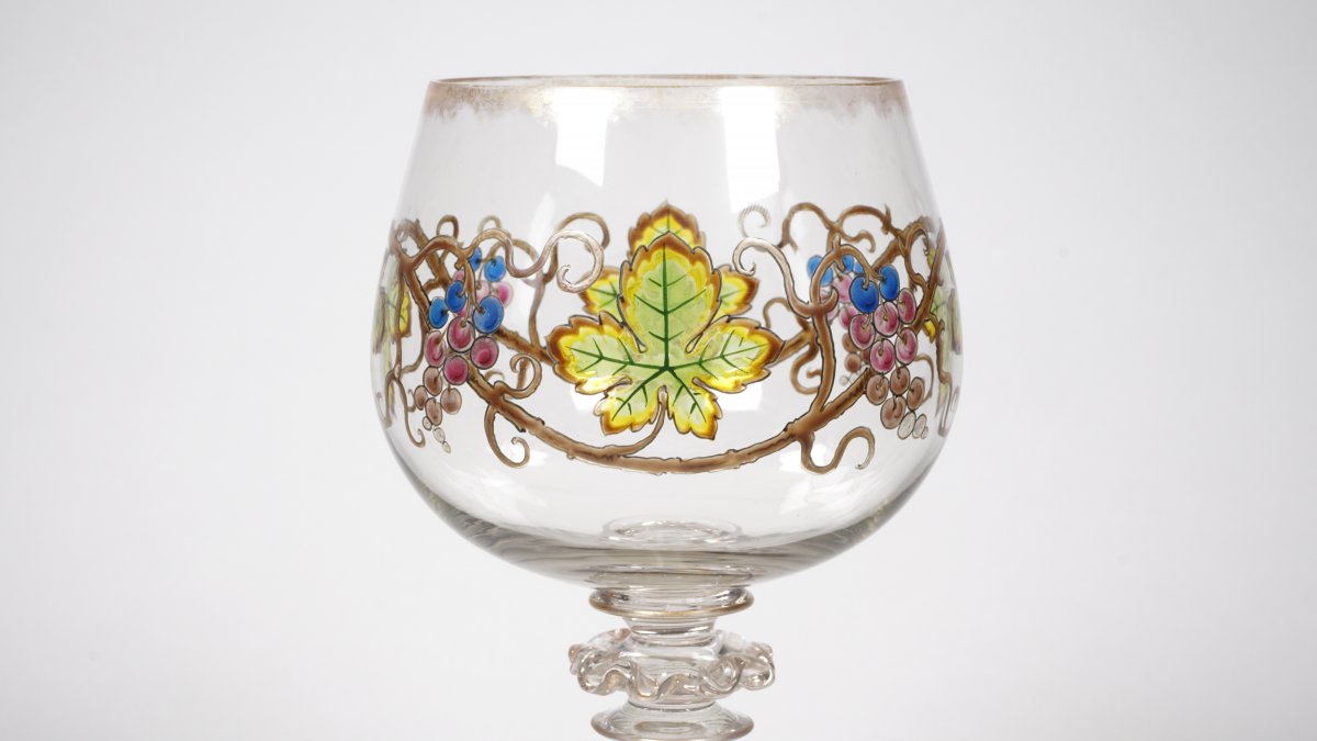 Large Chalice Glass In Painted, Enamelled, Golden Crystal-photo-1