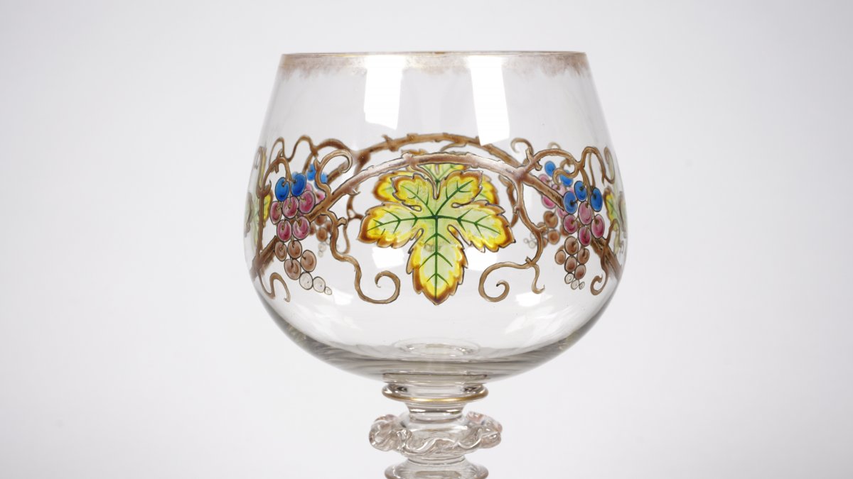 Large Chalice Glass In Painted, Enamelled, Golden Crystal-photo-3