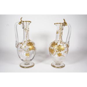 Pair Of Ewers, Pitchers, Carafes With Handles Baccarat Crystal Golden XIX