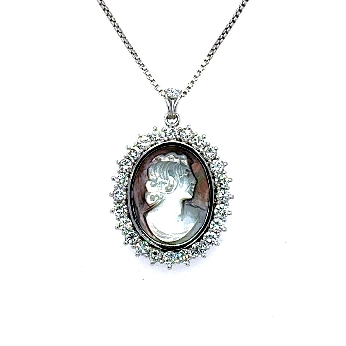 Pendentif Camée En Or Blanc 18k, Nacre Et Diamants 2,80 Carats-photo-2