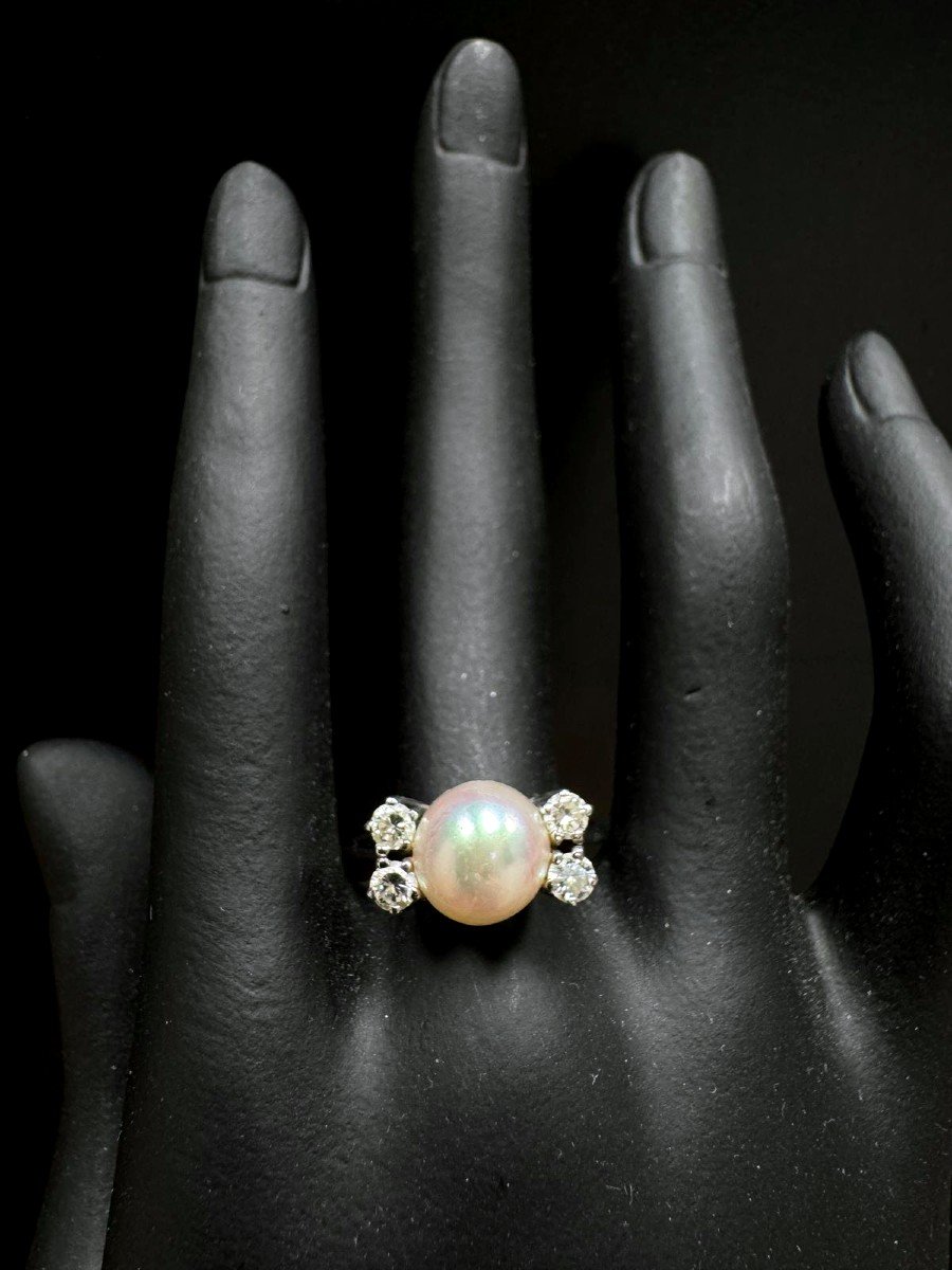 Bague Perle Et Diamants Sur Monture En Or Blanc 18k-photo-2