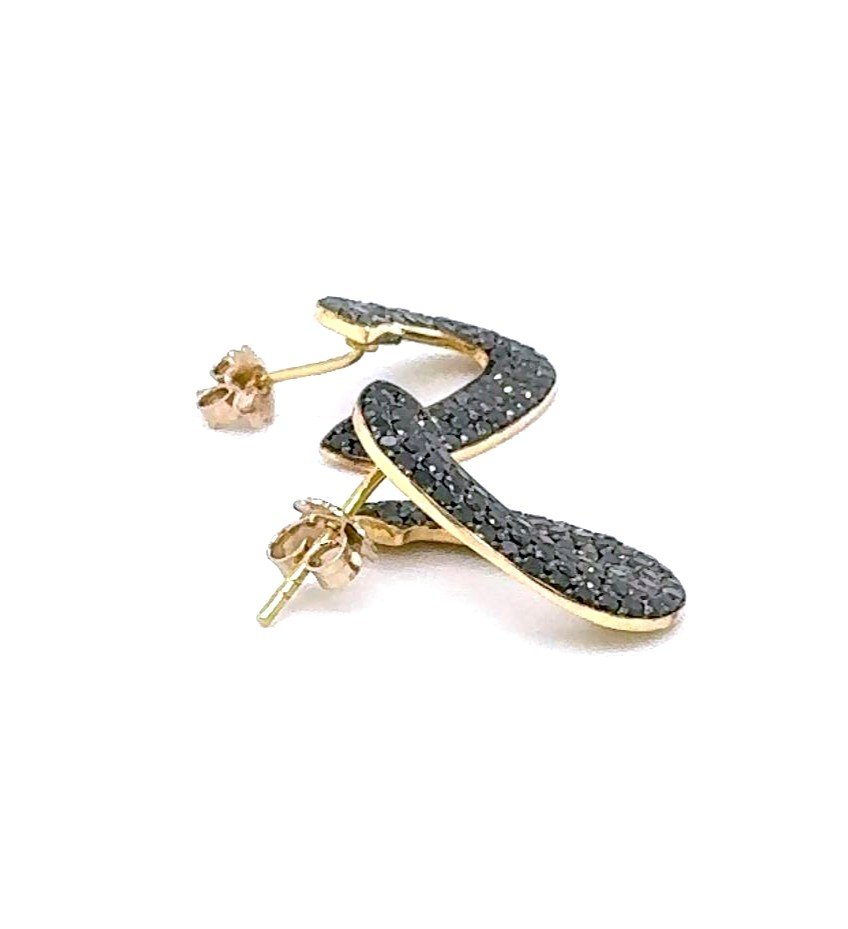 18k Yellow Gold & Black Diamond Earrings-photo-4