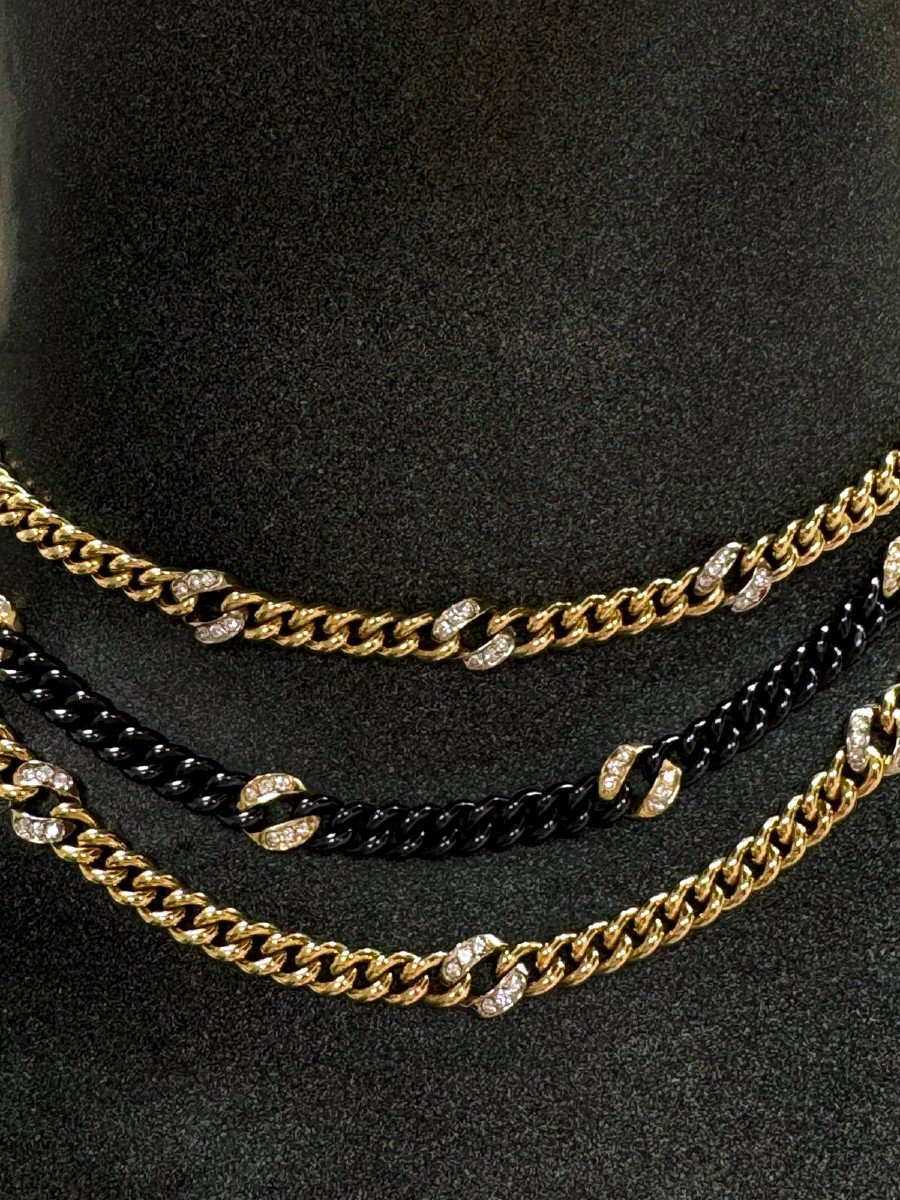 "Collier en Or Jaune & Acier Noir avec Diamants - Style Bulgari, Année 1983"-photo-2