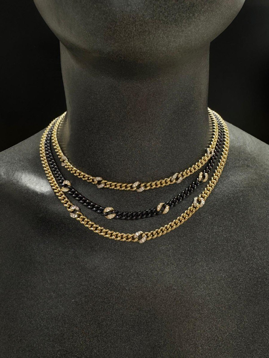 "Collier en Or Jaune & Acier Noir avec Diamants - Style Bulgari, Année 1983"