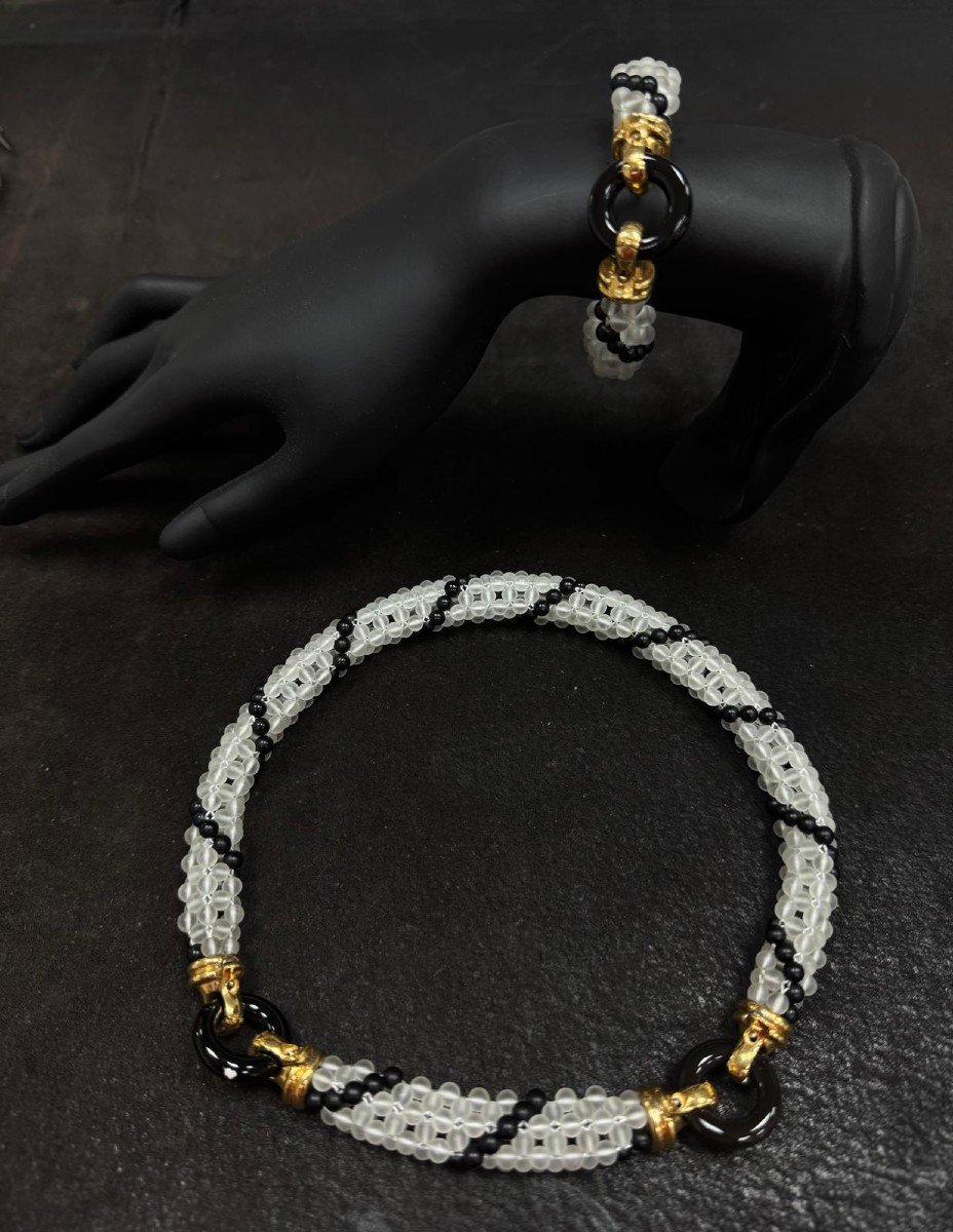 Parure en Or Jaune, Cristal de Roche Doré & Onyx Noir