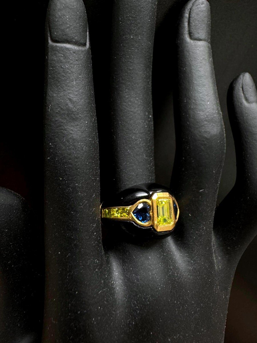 Bague Or Jaune Onyx, Diamants & Saphir-photo-3