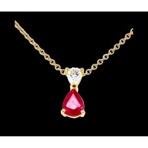 "pear Pendant In Yellow Gold With Sparkling Ruby And Diamond"