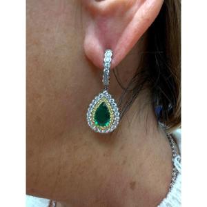 Boucles d'Oreilles En Or, émeraudes Zambiennes Et Diamants