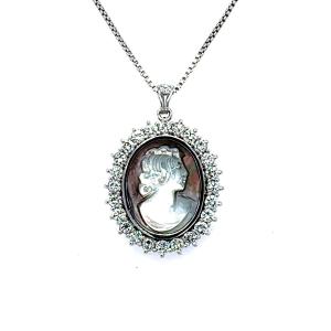 18k White Gold Cameo Pendant, Mother-of-pearl And 2.80 Carat Diamonds