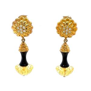 Earring 18ct. Yellow Gold Set With Diamond & Black Onyx