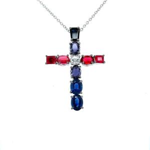 Croix Ornée De Saphirs Bleus, De Rubis Et De Diamants 