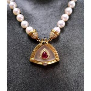 Collier de Perles avec Rubis et Cristal de Roche : Élégance Naturelle et Éclats de Couleur