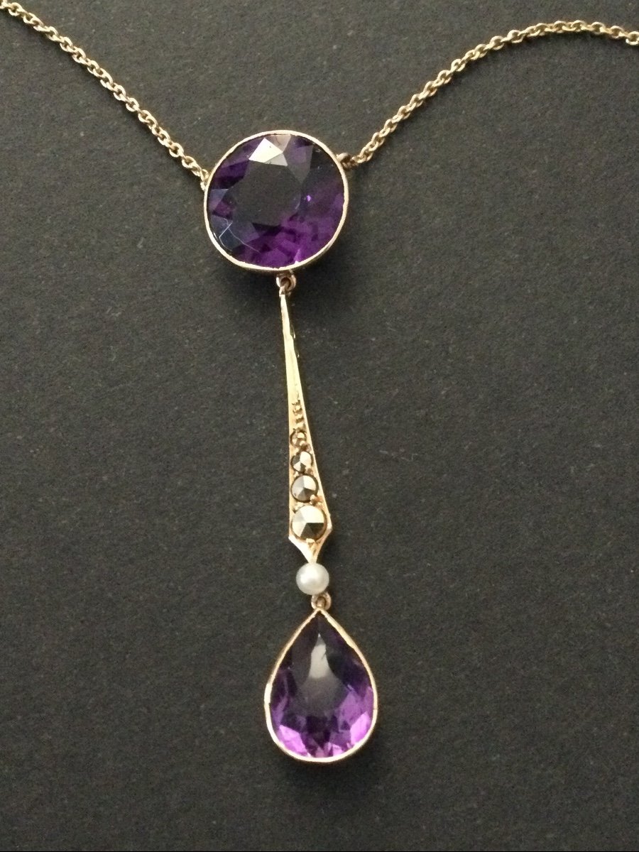 Collier Pendentif Nap lll Or Rose Avec Améthystes -photo-3