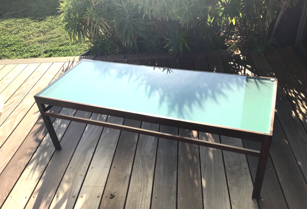 Large Coffee Table In Rio Rosewood And Glass Slab 1960