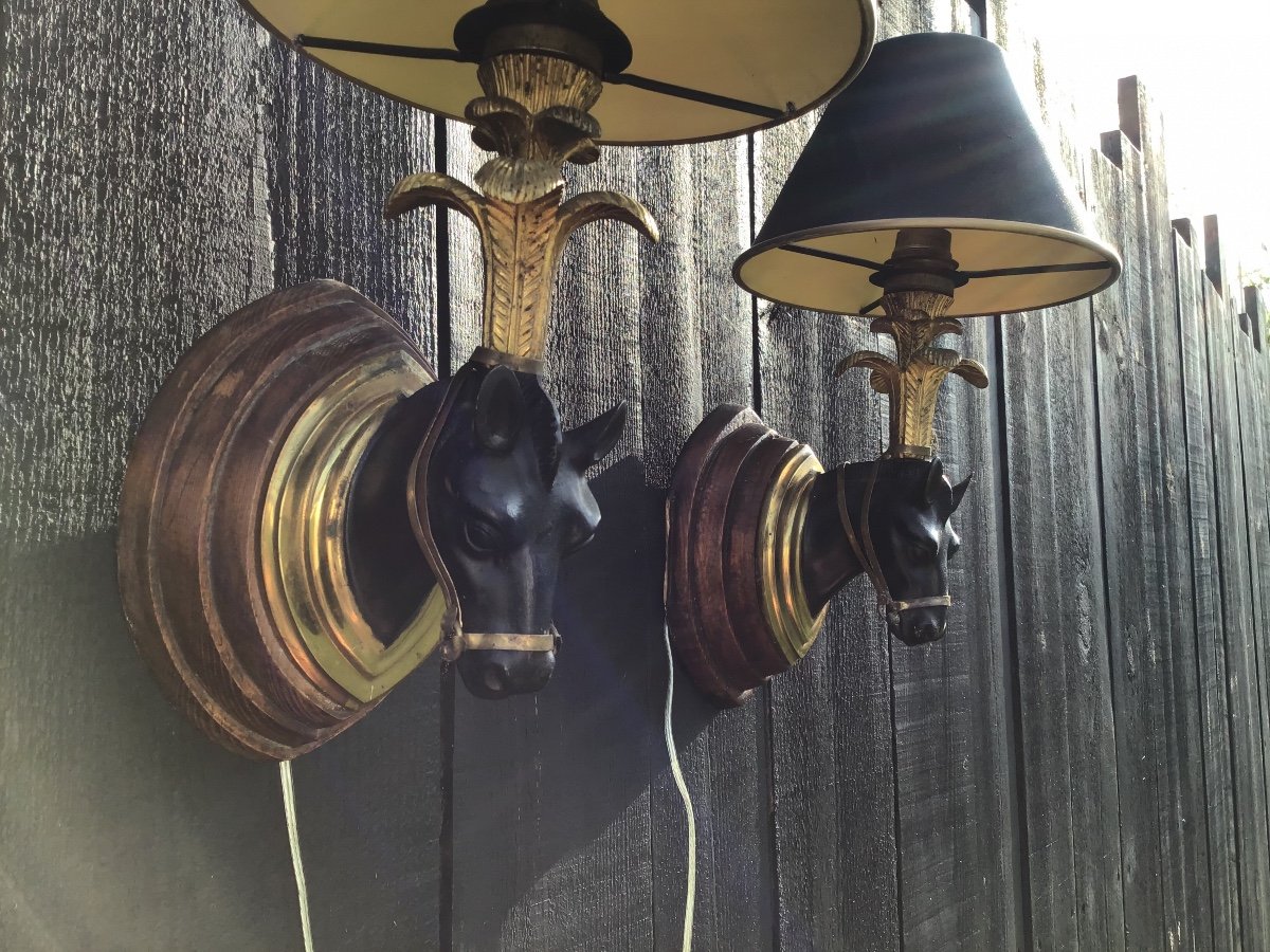 Pair Of Bronze Horse Head Sconces-photo-2