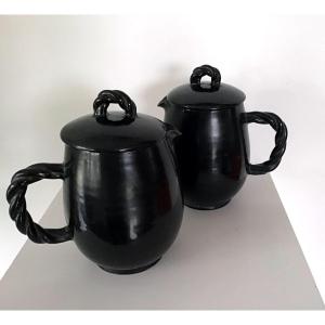 Pair Of Accolay Covered Pitchers 1950