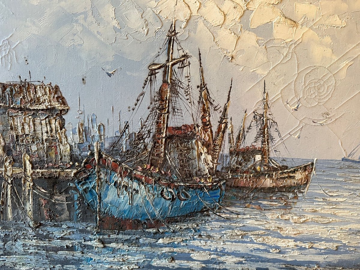 Oil On Canvas.marine. Boats In Port. XX Th.-photo-2