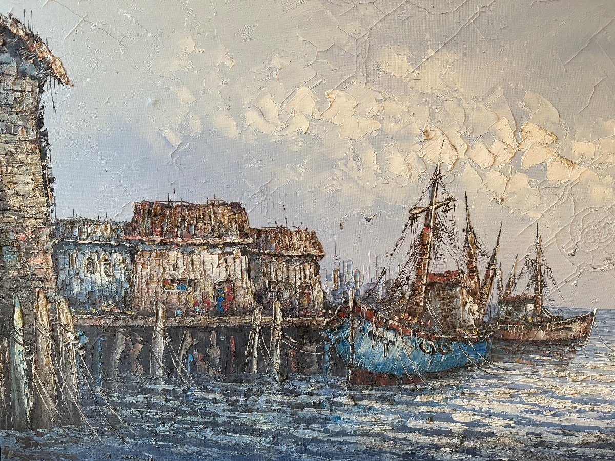 Oil On Canvas.marine. Boats In Port. XX Th.