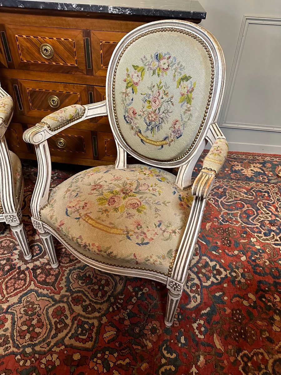 Pair Of Louis XVI Style Medallion Armchairs. Handmade, Needlepoint Tapestries.-photo-1