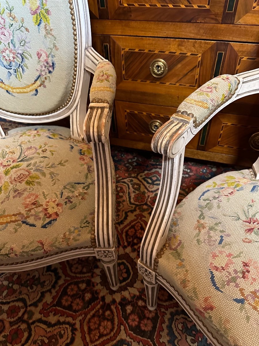 Pair Of Louis XVI Style Medallion Armchairs. Handmade, Needlepoint Tapestries.-photo-3