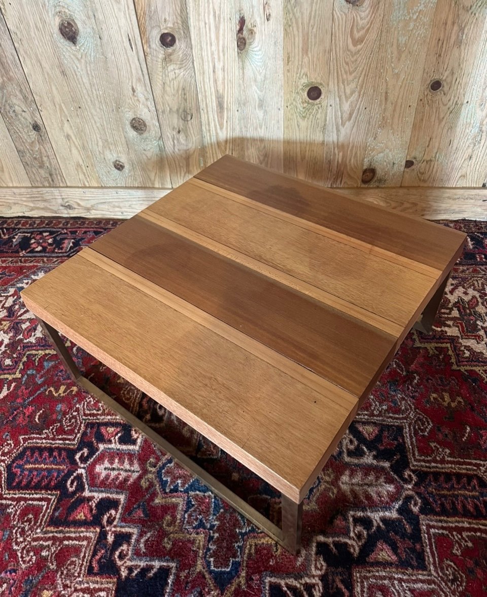 Wood And Brass Coffee Table. -photo-2