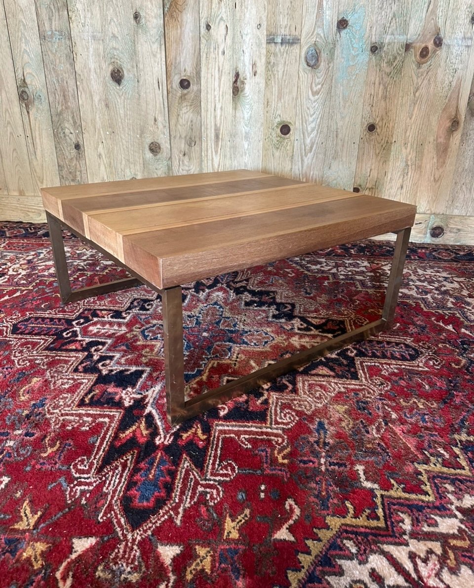 Wood And Brass Coffee Table. -photo-3