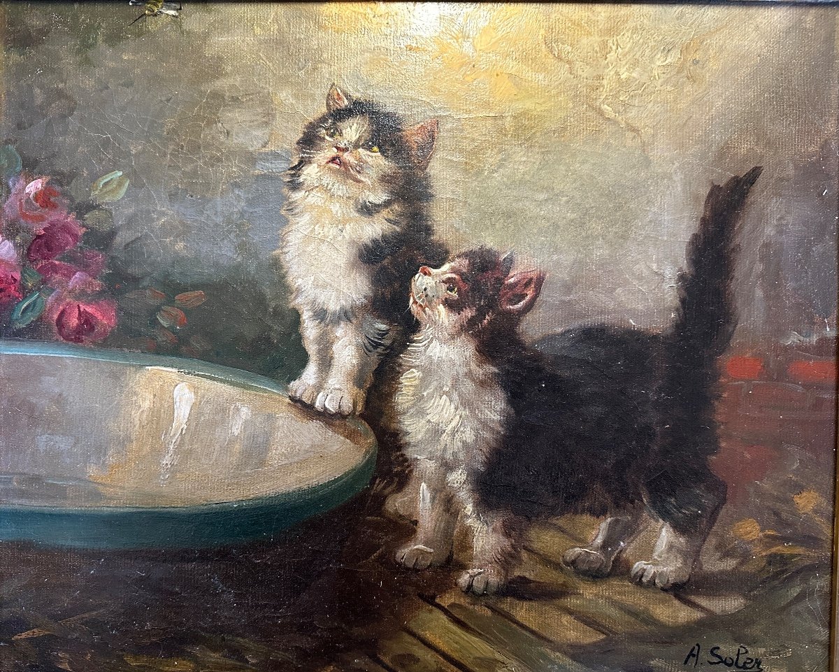 Huile Sur Toile "les Chatons Et l'Abeille ". -photo-2