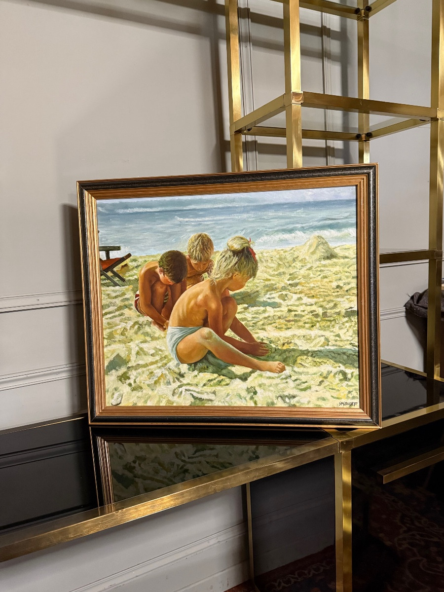 Huile Sur Toile « les Enfants à La Plage «  . -photo-3