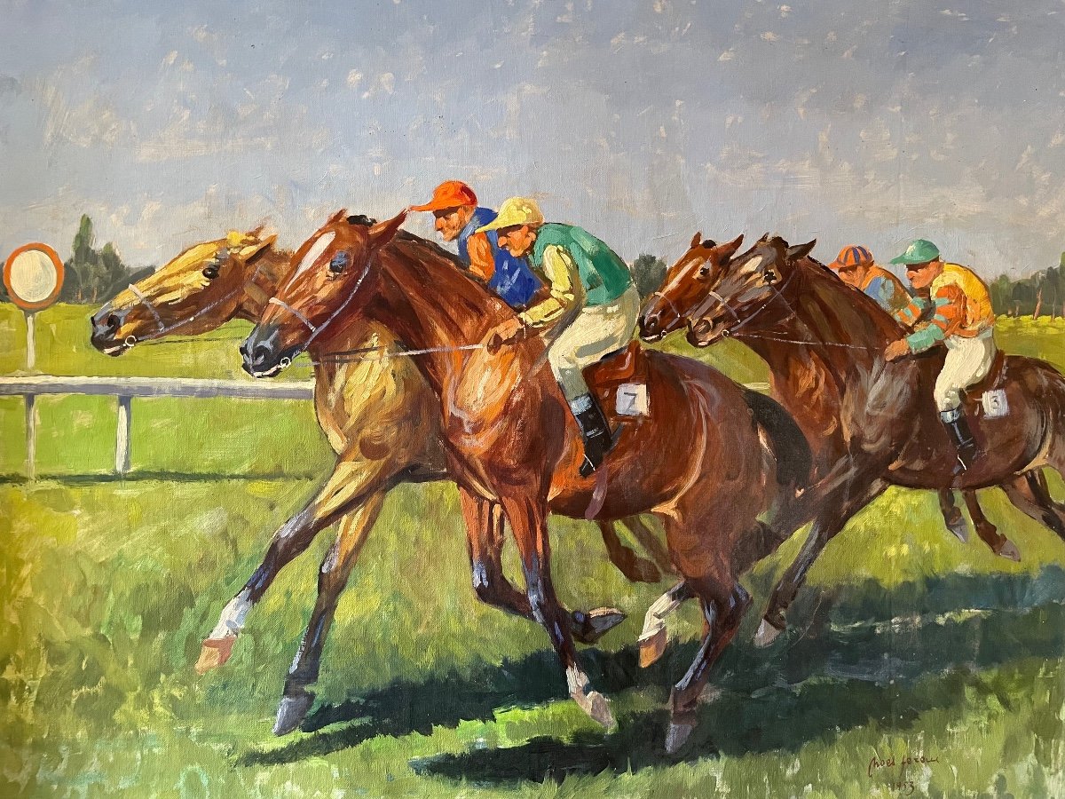 Oil On Canvas Galloping Horse Race Signed Noël Ferencz-photo-2