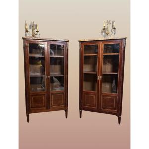 Pair Of Display Cases / Bookcases In Marquetry From The Late 19th Century. 