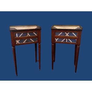 Pair Of Louis XVI Style Bedside Tables In Mahogany And Wallpaper. 