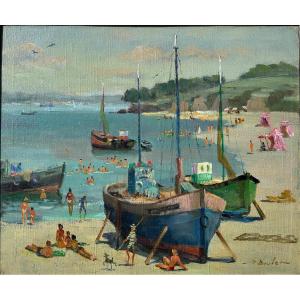 Pierre Boudet (1915-2011) Hst Honfleur Vasouy Beach With Pink Tents. 