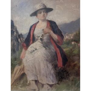 Portrait De Jeune Fille Au Chien Blanc. Huile Sur Panneau Vers 1910. 