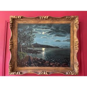 Oil On Canvas - Moonlight - Point Du Cap Falcon - Oran - M. Hernandez