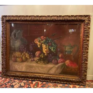 Large Still Life Of Fruits, In Pastel. XIX Th.