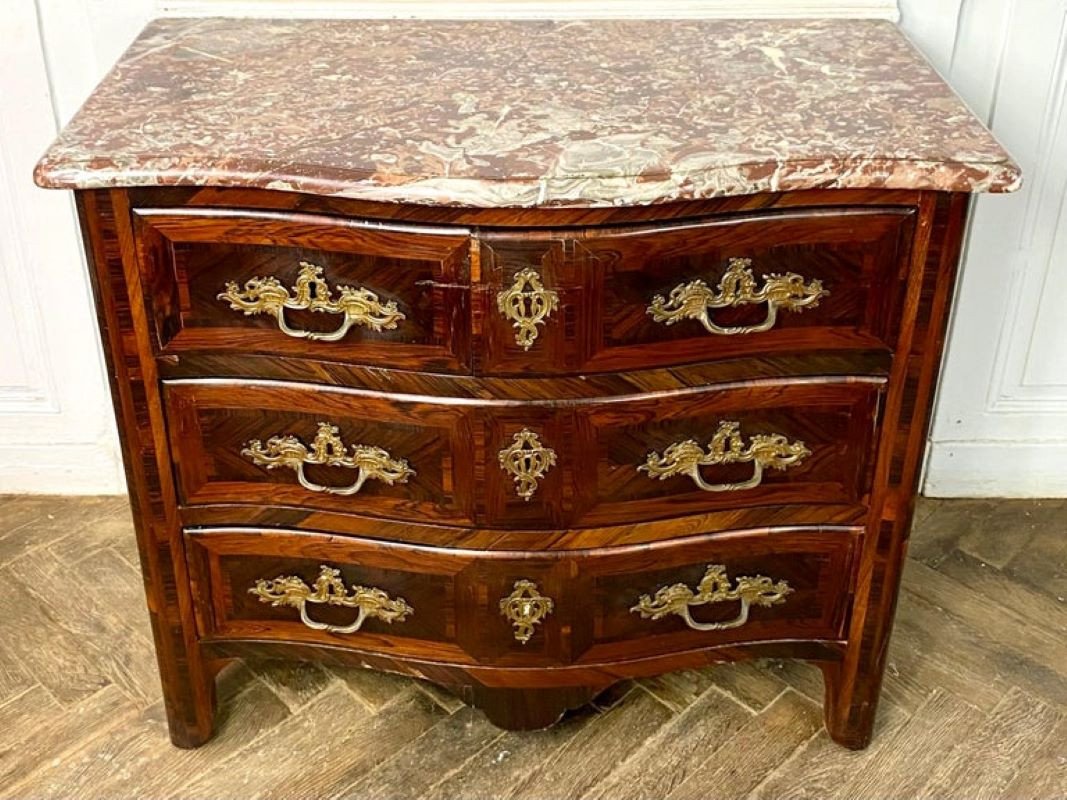 Curved French Commode From The Regency Period In Marquetry And Marble Top - 18th France-photo-4