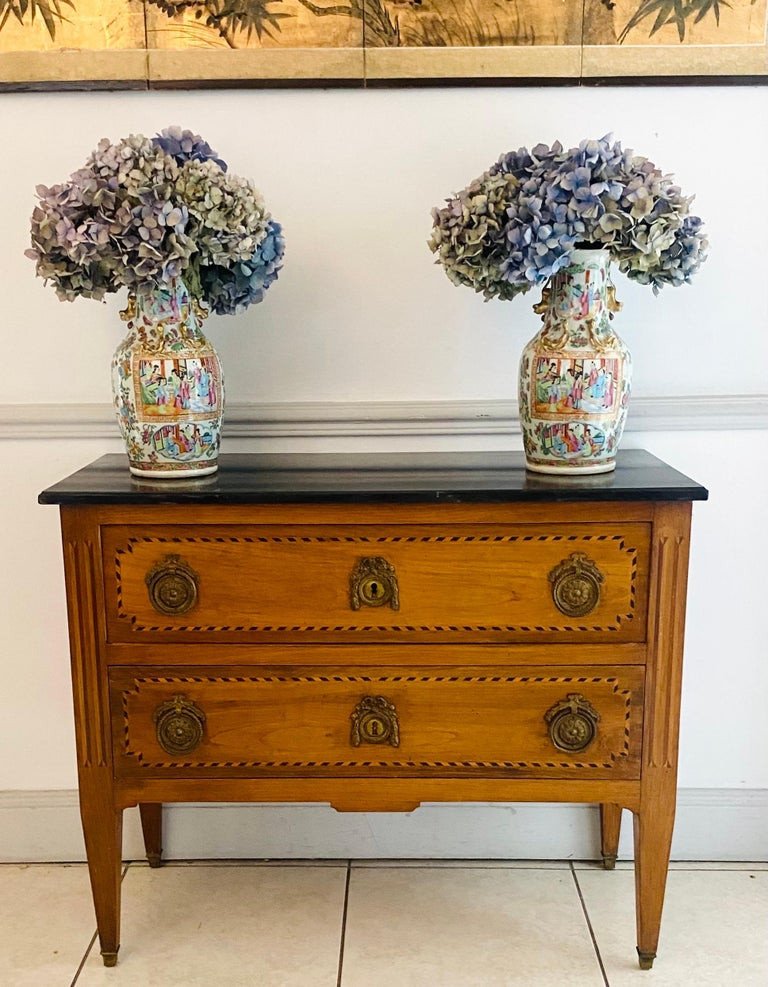 French Commode - Louis XVI 18th - Marquetry And Black Marble Top - France-photo-3