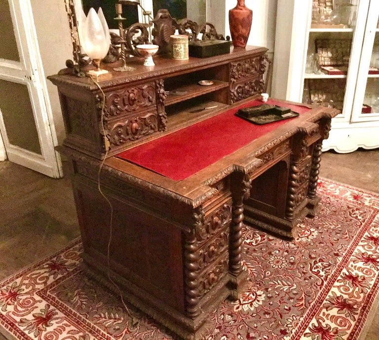 Neo-renaissance Desk In Hand Carved Wood Henri II Style Circa 1870-photo-2