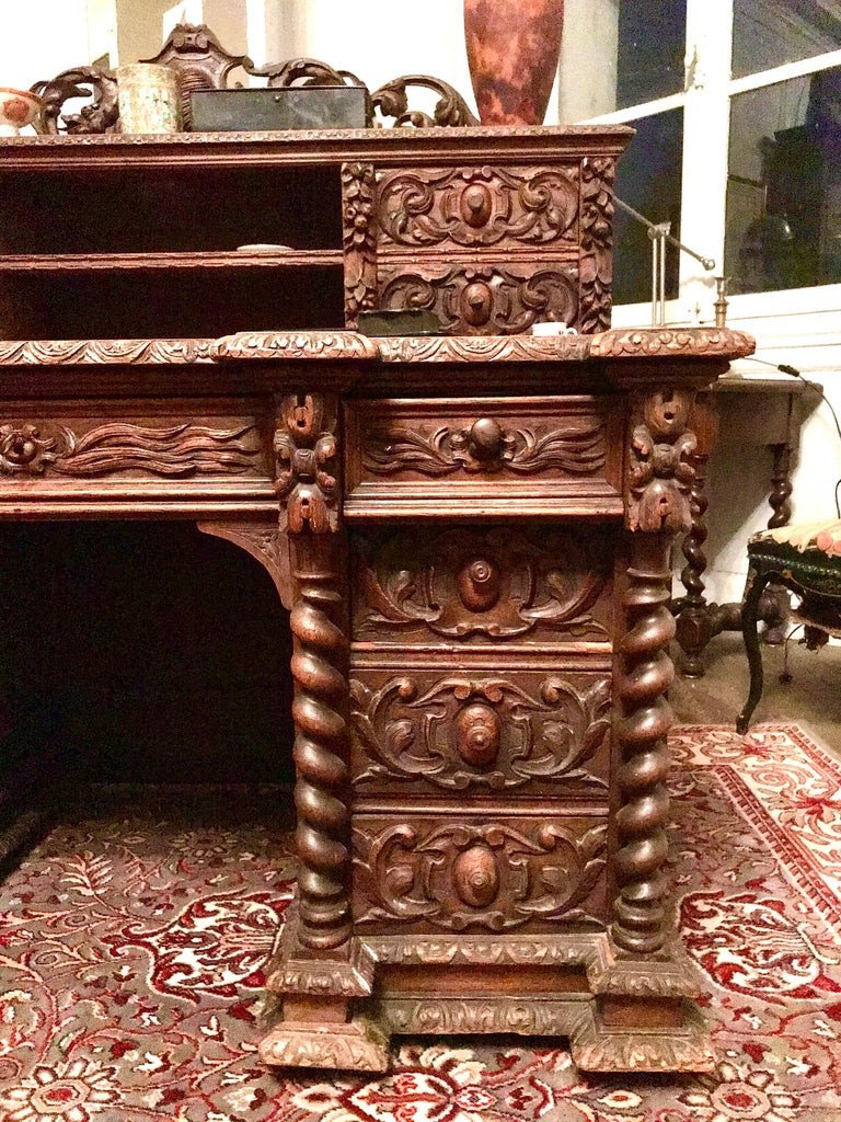 Neo-renaissance Desk In Hand Carved Wood Henri II Style Circa 1870-photo-3